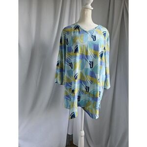 NorthStyle Womens Blue Abstract Boat Print V-Neck 3/4 Sleeve Side Slit Tunic Top